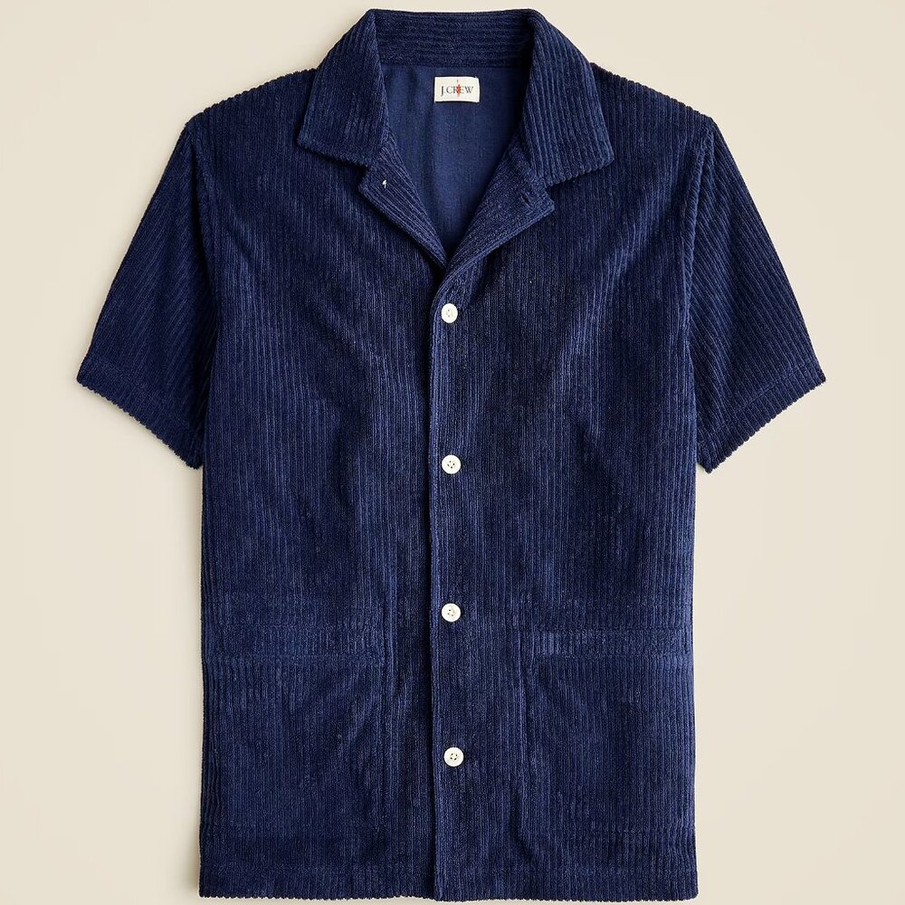 NWT $110 J Crew Short Sleeve Corded Navy Blue Corduroy Terry Camp Collar Shirt